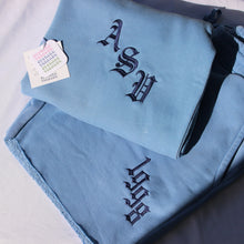 Load image into Gallery viewer, Slate Blue K set with Initials in English font and navy thread