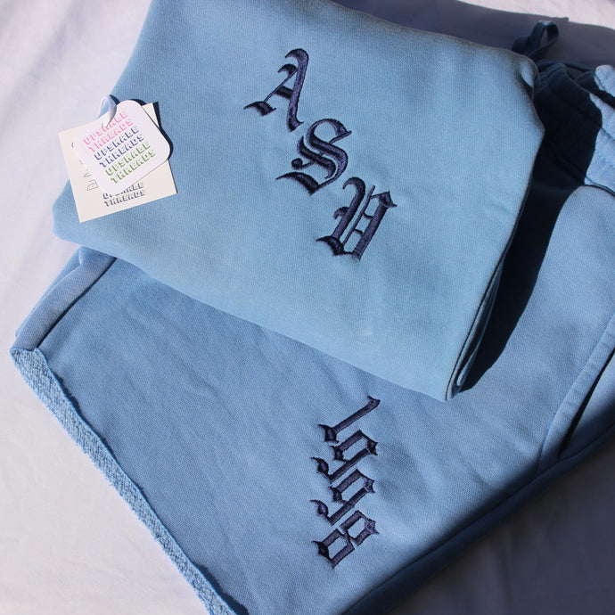Slate Blue K set with Initials in English font and navy thread